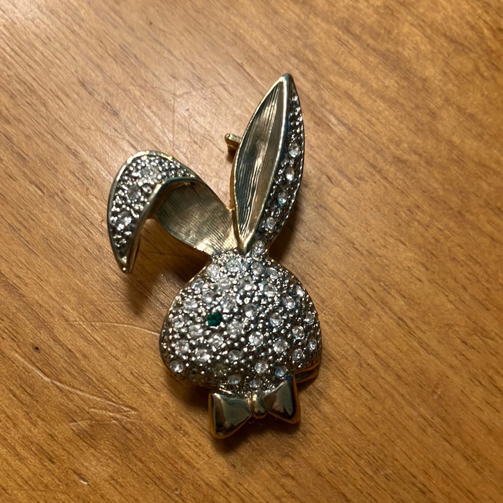 Vintage Bunny Bow Tie Brooch Playboy Inspired Diamanté Rhinestones Green Eye Gem